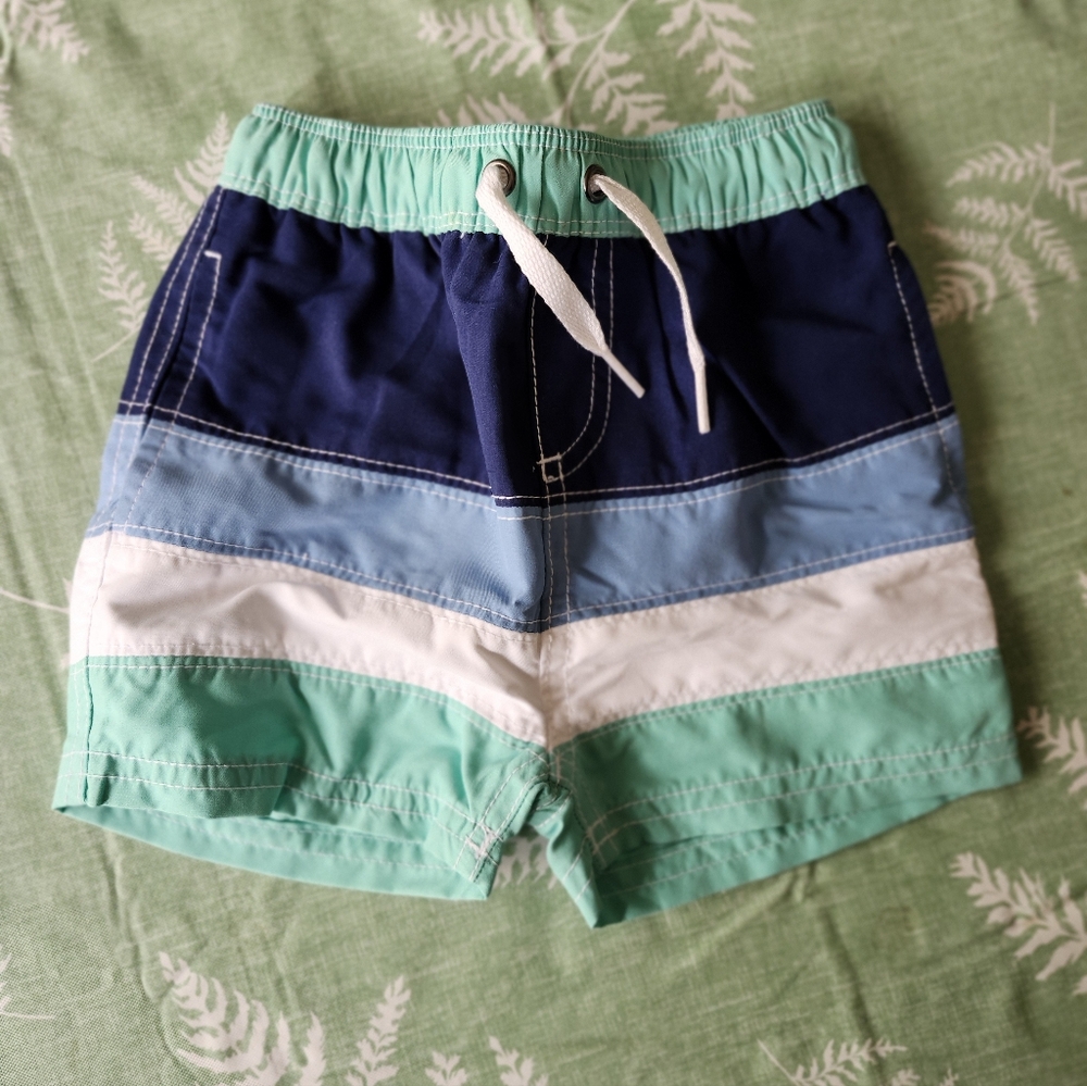 Hanna Andersson Toddler Boys Turquoise Blue & White Striped Swim Trunks 18-24mo